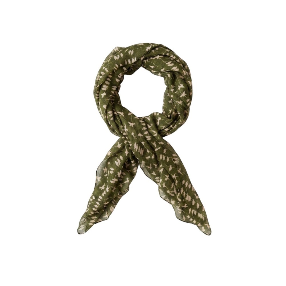 Olive Green Botanical Leaf Print Scarf Lightweight Semi Sheer Wrap Accessory